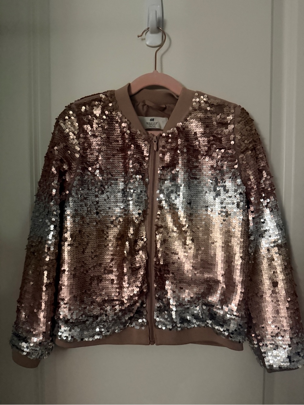H&M Girls’ Metallic Sequin Bomber Jacket in Rose Gold and Silver - Size 7